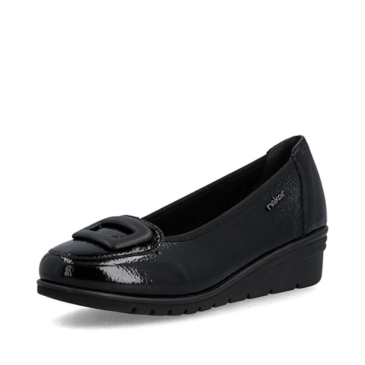 Rieker L5362-00 Black leather comfort slip-on shoe with cushioned footbed and low wedge sole.