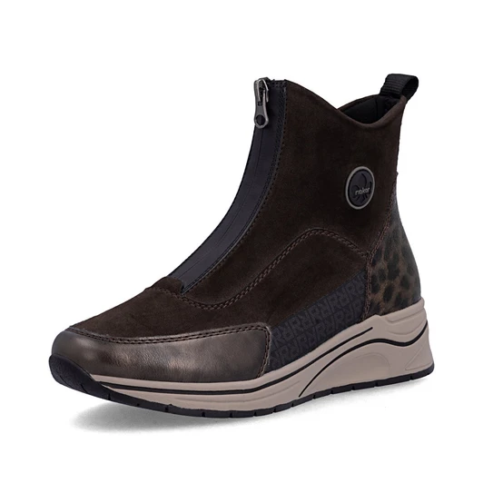 Rieker N9554-25 Black high-top comfort trainer with metallic trim, side zip and white platform sole.