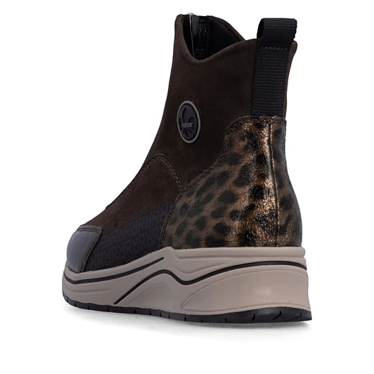 Rieker N9554-25 Black high-top comfort trainer with metallic trim, side zip and white platform sole.