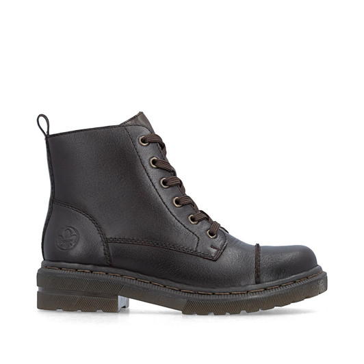 Rieker 78202-25 Black lace-up ankle boot with chunky sole, hiking-inspired styling and textile lining.