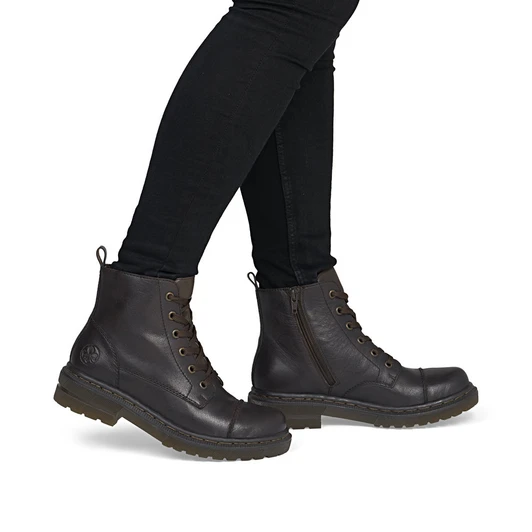 Rieker 78202-25 Black lace-up ankle boot with chunky sole, hiking-inspired styling and textile lining.