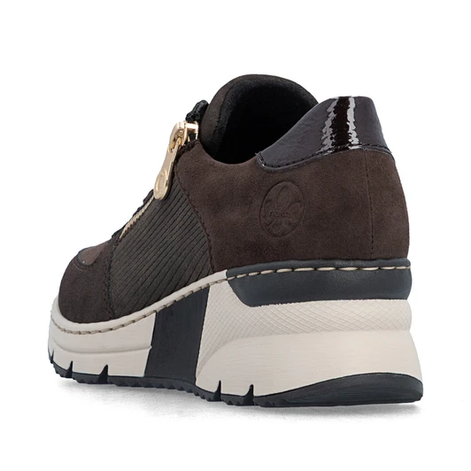 Rieker N6314-25 Nougat comfort trainer with metallic accents, chunky white sole and zip/lace combination.