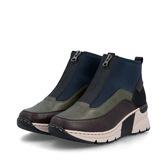 Rieker N6352-91 Black and grey wedge ankle boot with mixed materials, side zip and comfort sole.