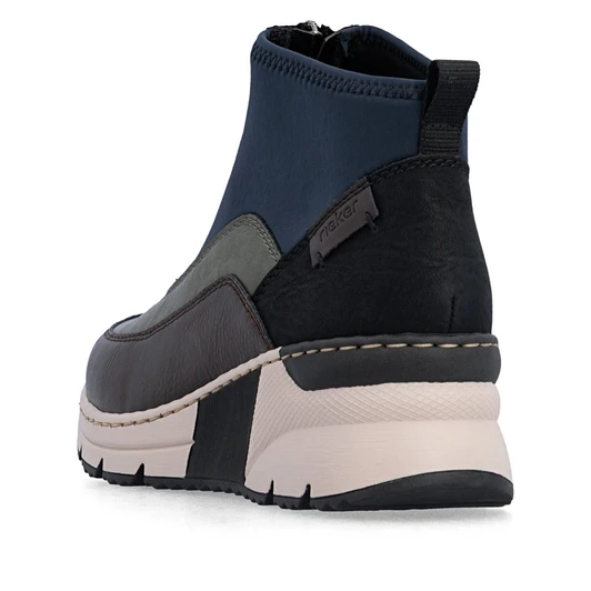 Rieker N6352-91 Black and grey wedge ankle boot with mixed materials, side zip and comfort sole.