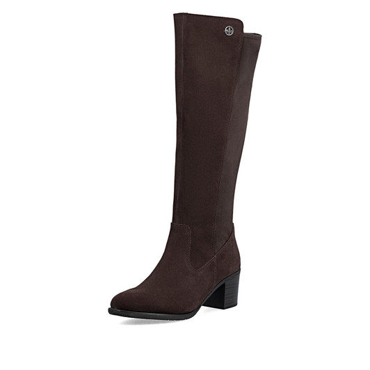 Rieker Y2050-25 Tall knee-high boot in rich brown leather-look finish with warm fur lining and low heel.