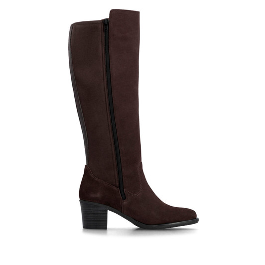 Rieker Y2050-25 Tall knee-high boot in rich brown leather-look finish with warm fur lining and low heel.