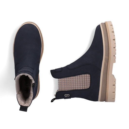 Rieker Y6260-14 Navy ankle boot with patterned elastic side panels, warm lining and lightweight chunky sole.