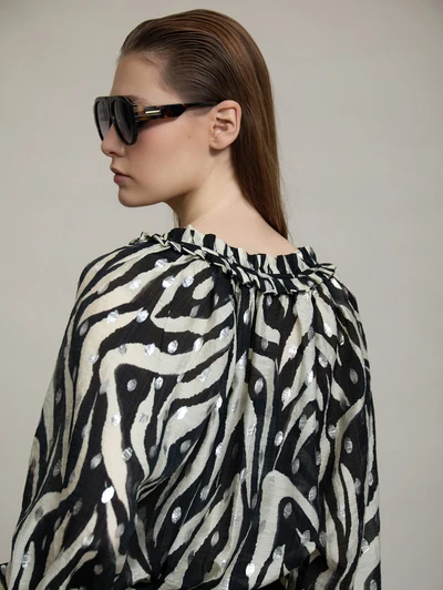 Skatie S95B09BLK Ruffled neckline printed blouse