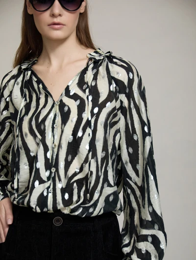 Skatie S95B09BLK Ruffled neckline printed blouse