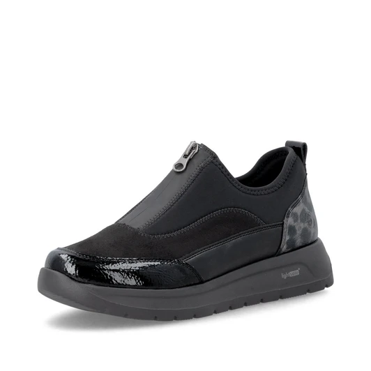 Remonte D2V01-04 Black casual comfort trainer with patent-effect finish, decorative side detailing and a chunky white sole.