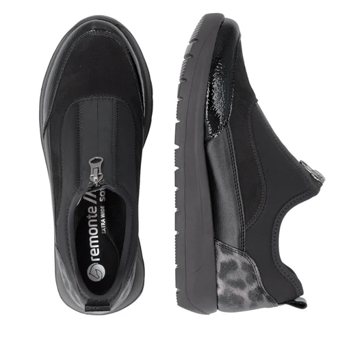 Remonte D2V01-04 Black casual comfort trainer with patent-effect finish, decorative side detailing and a chunky white sole.