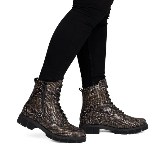 Remonte D2S72-03 Mid-height lace-up winter boot in black/brown python-effect finish with warm lining and chunky sole.