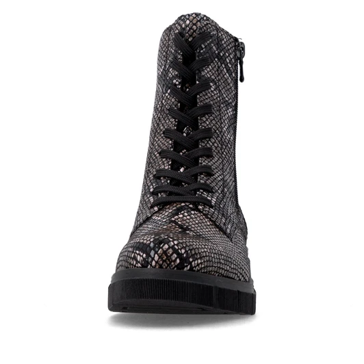 Remonte D2S72-03 Mid-height lace-up winter boot in black/brown python-effect finish with warm lining and chunky sole.