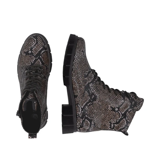 Remonte D2S72-03 Mid-height lace-up winter boot in black/brown python-effect finish with warm lining and chunky sole.