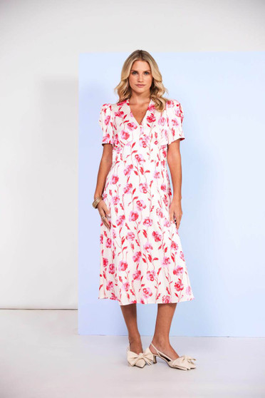 Kate Cooper KCS26168 Vee neck flower print dress with pleated sleeve Vanilla/Poppy (142)