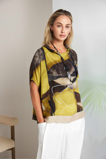 NAYA NAS26275 High neck square shape print top with contrast hem Oasis 35