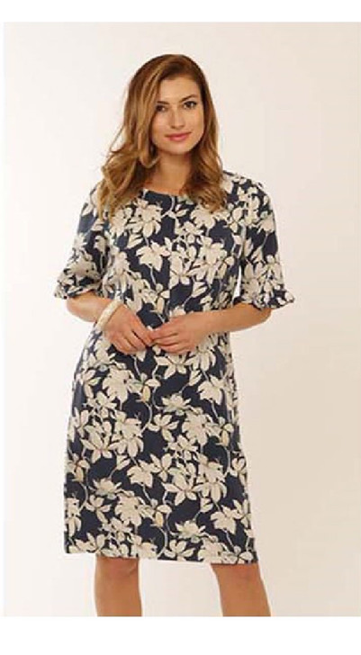 Pomodoro 62106 Denim Frill Sleeve Floral Tencel Dress