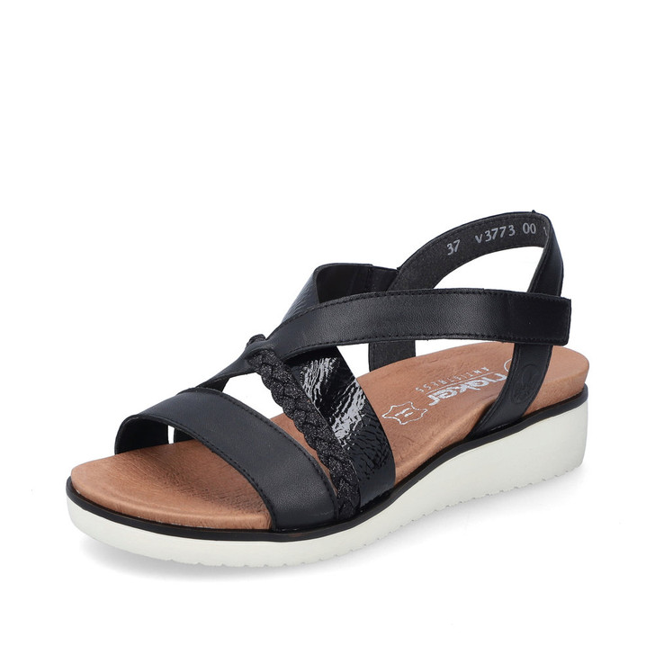 Rieker V3773-00 Flat cross strap velcro sandal Black