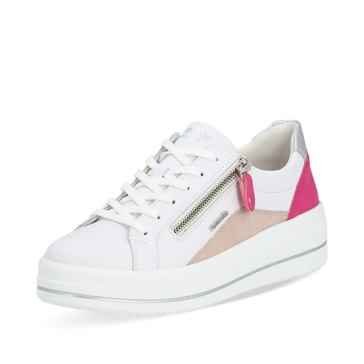 Remonte D1C01-80 Flat laced trainer with zip White/Silver/Pink