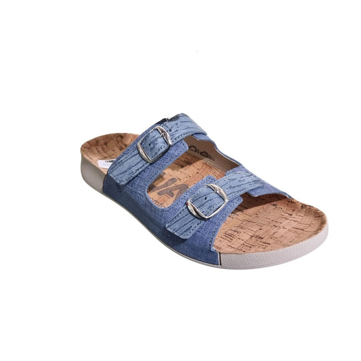 Suave Cayman Cork based flat mule with double buckle  Denim