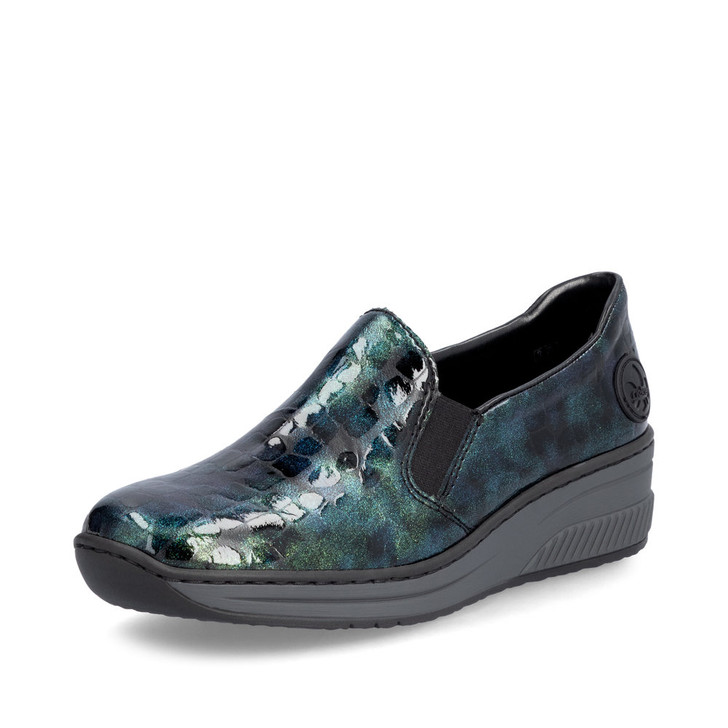 Rieker 48752-92 Slip on patent wedge petrol blue