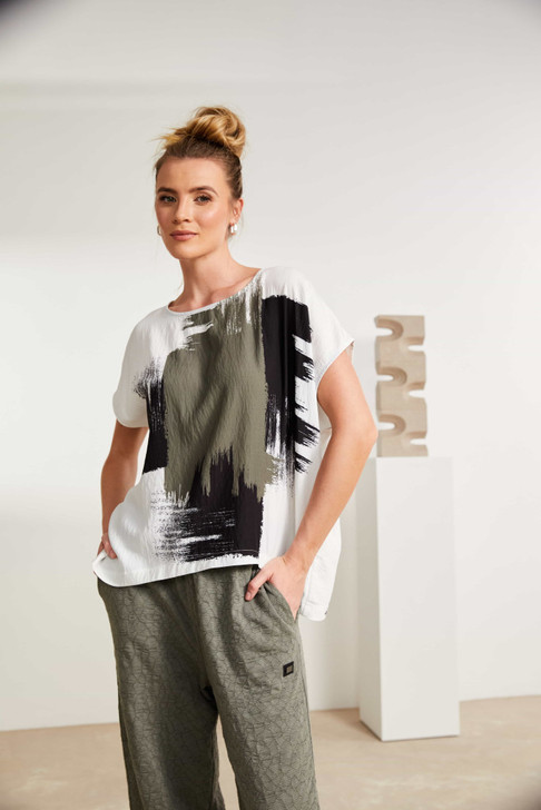 Naya NAS25172 Brush stroke print round neck top 159 Kahki