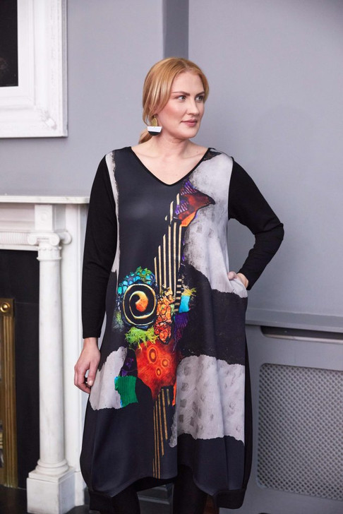 ORA Clothing ORW25142 V neck mix dress with placement print front  Black/Poppy 942