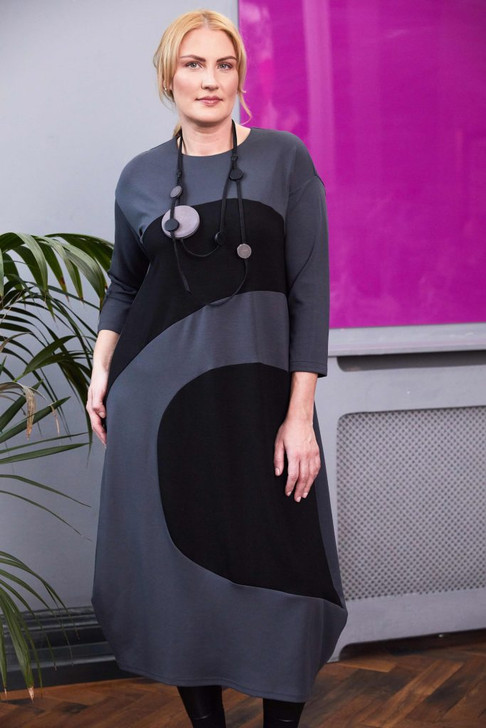 ORA Clothing ORW25171 Long sleeve dress with curved contrast panels and necklace Grey/Black  809