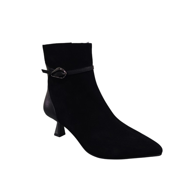 Lorette Vital boot (C4608) in black suede is elevated with a pointed toe and slim kitten heel