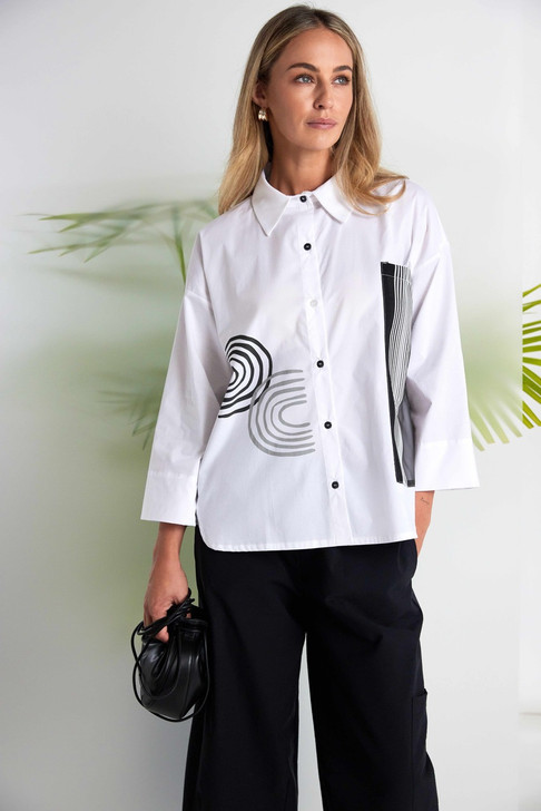 NAYA NAS26256 Placement print shirt with stripped sections White/Black  109