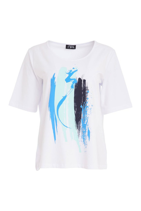 ORA Clothing ORS26105 Placement print tee shirt White/Vivid blue