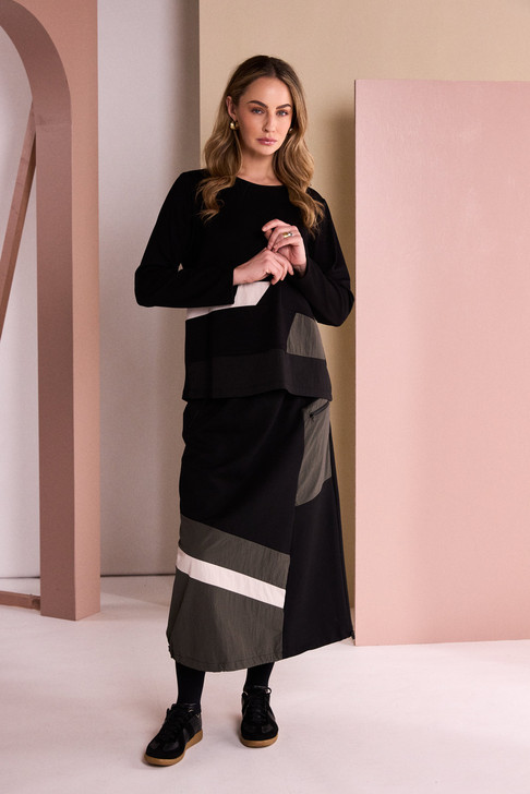 NAYA NAW26172 Drawstring Hem Skirt With Color Angled Panels At Hemline