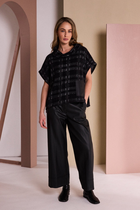 NAYA NAW26230 Check Knit Top With Leatherette Pocket And Zip Detail
