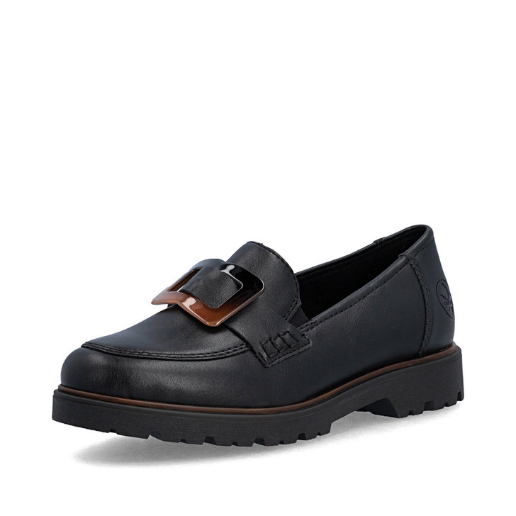 Rieker 45553-00 Black comfort shoe with adjustable strap, chunky sole and everyday walking design.