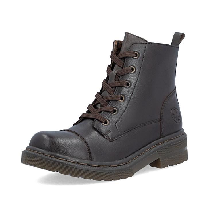 Rieker 78202-25 Black lace-up ankle boot with chunky sole, hiking-inspired styling and textile lining.