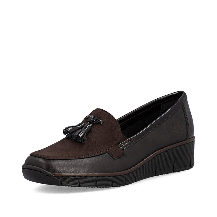 Rieker 53771-25 Brown leather comfort loafer with elastic gussets and lightweight walking sole.