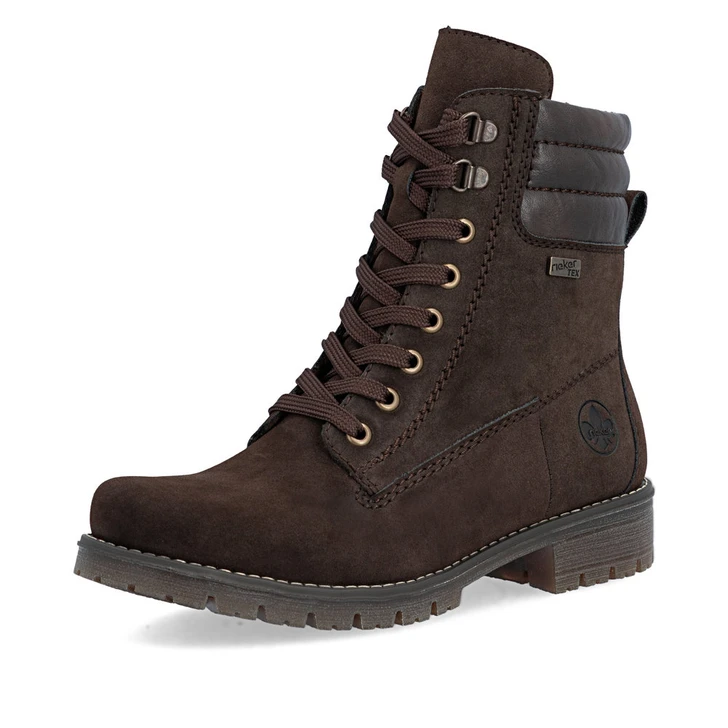 Rieker 79525-25 Brown waterproof hiking-inspired ankle boot with padded collar, rugged outsole and lace fastening.