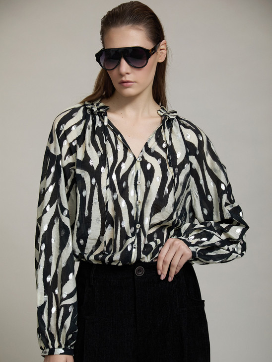 Skatie S95B09BLK Ruffled neckline printed blouse