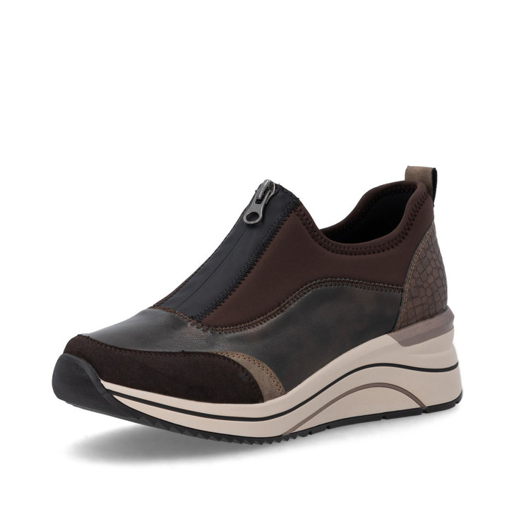 Remonte D0T08-90 Women's casual slip-on trainer in nougat and black with contrasting white wedge sole, elastic panels and lightweight comfort design.