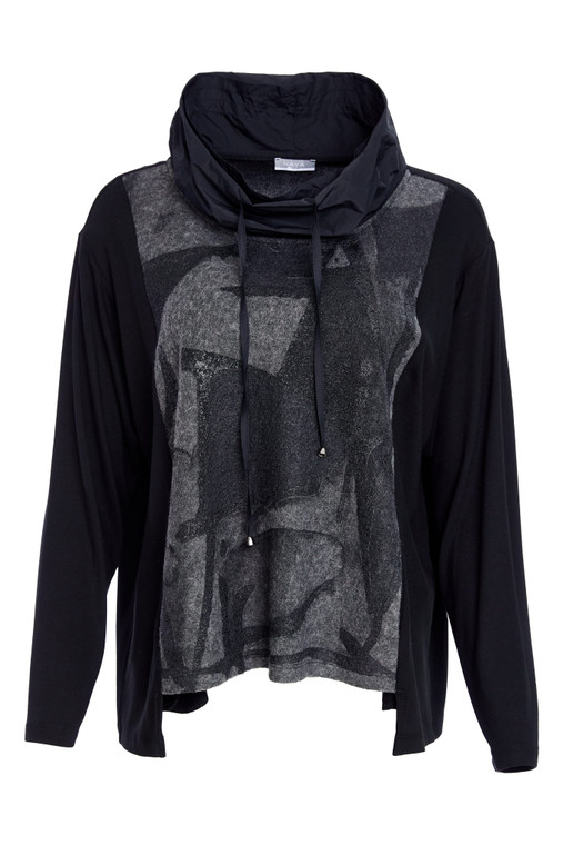 Naya NAW25216 Ruched drawstring collar top with front print panel Forest/Black 549
