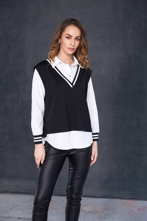 Naya NAW25180 Two piece shirt with over vest ribbed detail at neck plus cuff Black/White 901