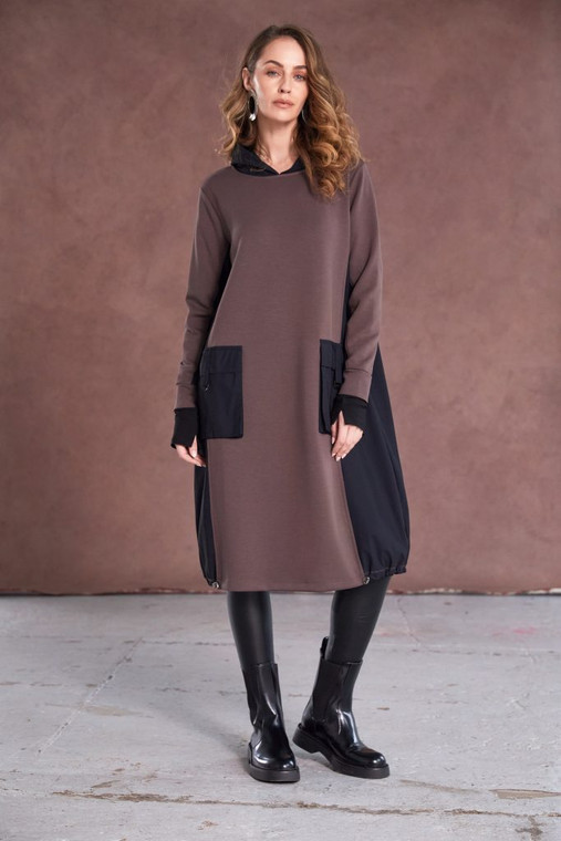 Naya NAW25177 Dress with contrast hood side panels and pocket detail Cocoa/Black 739