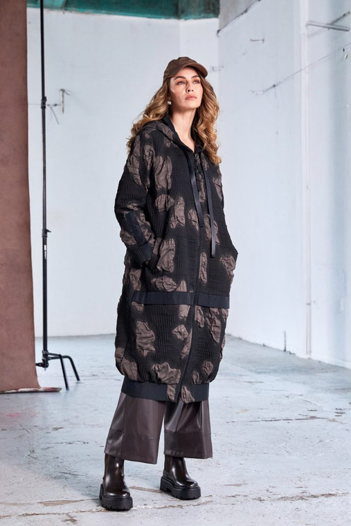 Naya NAW25185 Jaquared long coat with hood and contrast band  Black/Cocoa 973