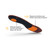 View of the bottom of a single Superfeet Run Cushion Low Arch Insole with highlighted features that say Responsive forefoot zone blends cushioning & rebound and Patented Adaptive Comfort Technology flexes with the foot.