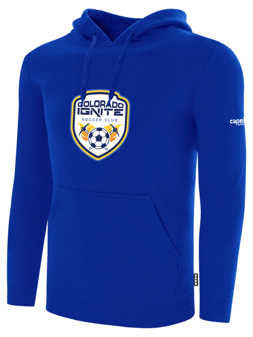 COLORADO IGNITE BASICS FLEECE HOODIE CENTER CHEST: COLORADO IGNITE CREST ROYAL BLUE WHITE