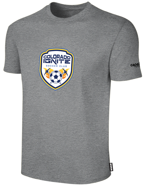 COLORADO IGNITE BASICS TEE SHIRT CENTER CHEST: COLORADO IGNITE CREST LIGHT HEATHER GREY BLACK