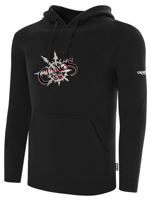 CHAOS FC BASICS FLEECE HOODIE CENTER CHEST: CHAOS FC CREST BLACK WHITE