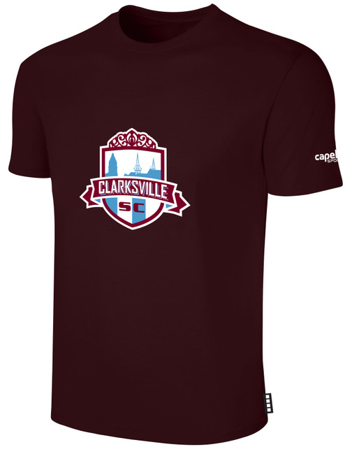 CLARKSVILLE SC BASICS TEE SHIRT LARGE CREST ON CENTER CHEST MAROON WHITE