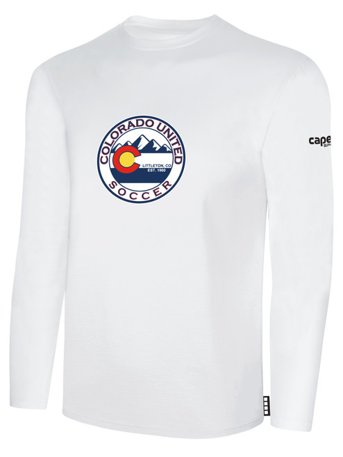 COLORADO UNITED BASICS LONG SLEEVE TEE SHIRT CREST ON WEARERS CENTER CHEST WHITE BLACK