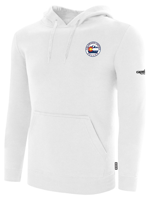 COLORADO UNITED BASICS FLEECE HOODIE CREST ON WEARERS UPPER LEFT CHEST WHITE BLACK